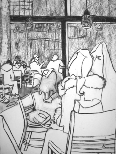 After Work Rendezvous Starbucks;
Willow Charcoal, 2014;
24 x 18 in. After Work Rendezvous Starbucks;
Willow Charcoal, 2014;
24 x 18 in.
